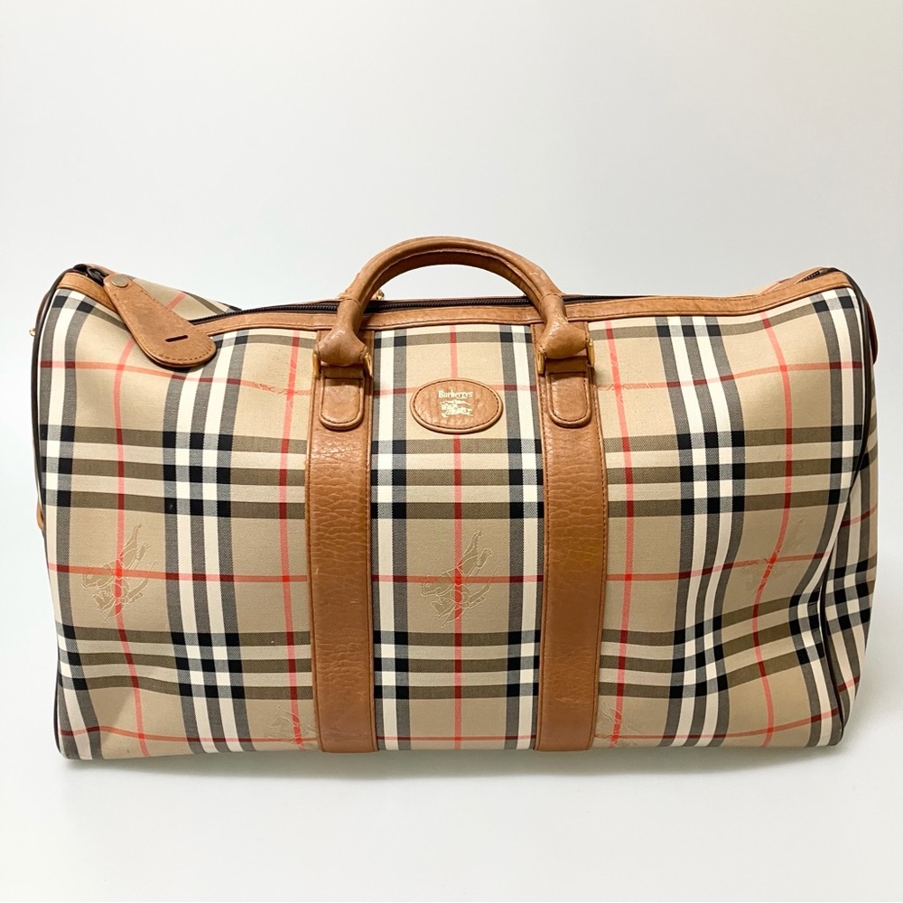 Burberry Beige Check Leather Trim Travel Duffle Bag 50